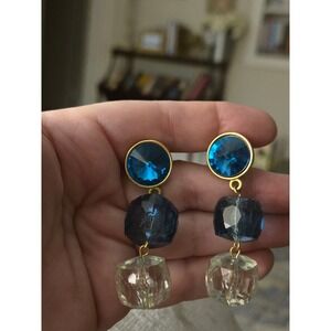 Blue Rivoli Dangle Earrings Statement Cocktails Party Club Vintage 3in
